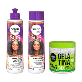 Kit para cacheadas com Shampoo, Ativador e Gelatina Salon Line