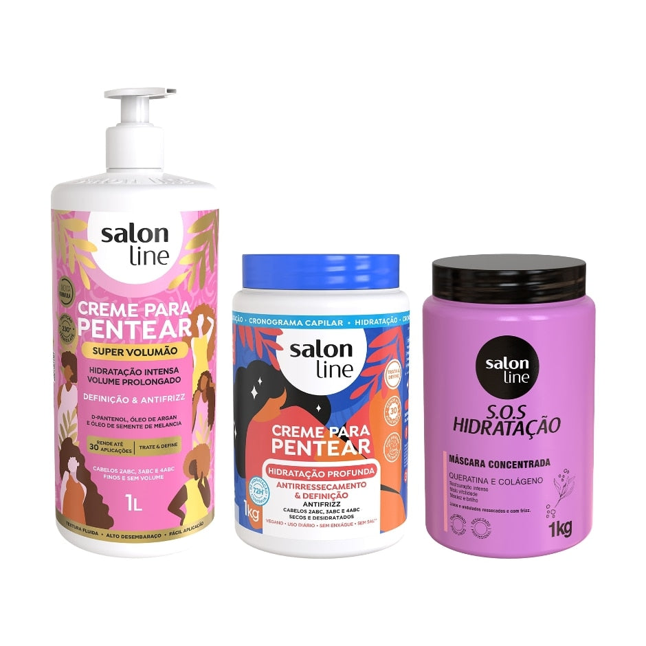 Kit com 2 Cremes para Pentear Hidratação Profunda e Super Volumão + Máscara Bio-Reconstrução Salon Line