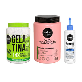 Kit com Gelatina Super Definição + Tônico Fortalecedor + Máscara SOS Hidratação Turbinada Salon Line