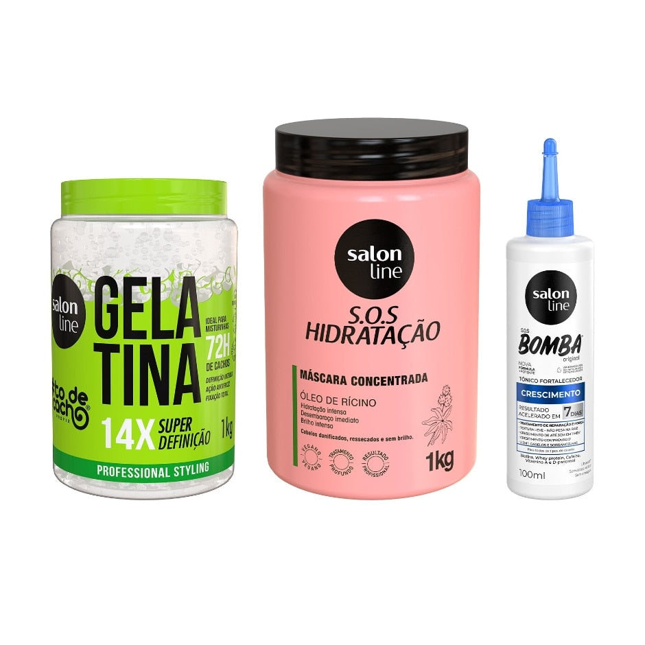 Kit com Gelatina Super Definição + Tônico Fortalecedor + Máscara SOS Hidratação Turbinada Salon Line