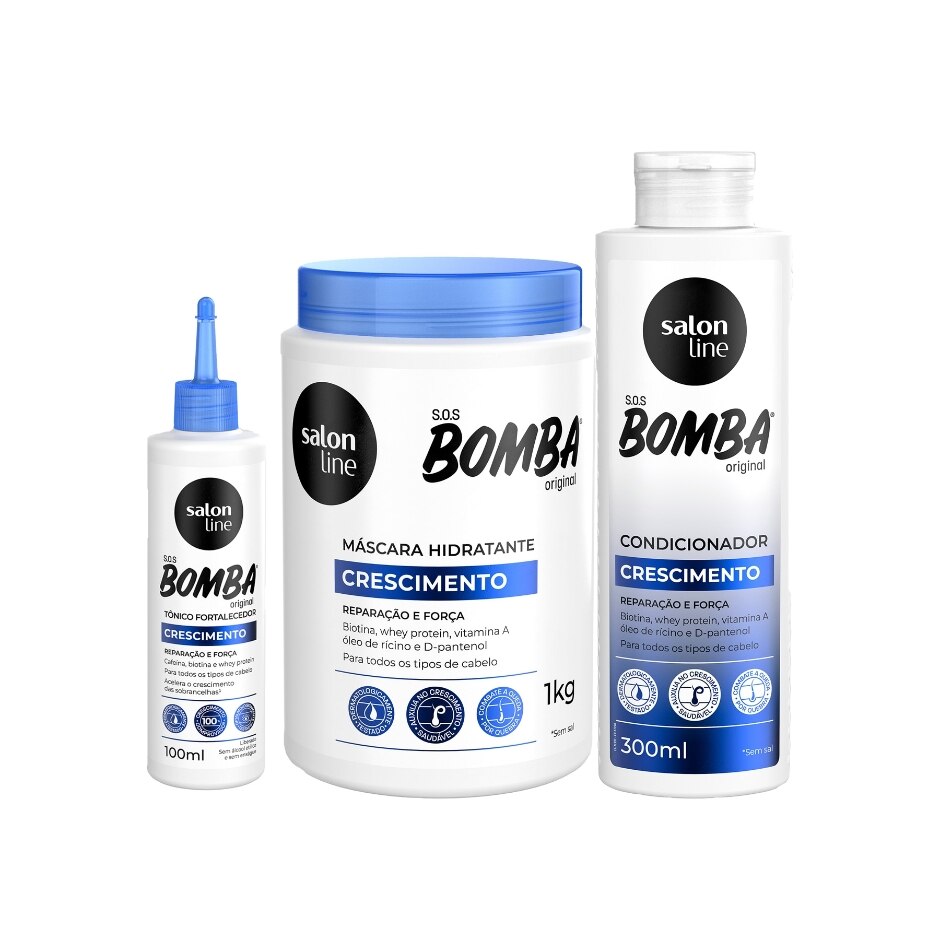 Kit com Tônico Fortalecedor Crescimento Acelerado + Condicionador + Máscara de Hidratação SOS Bomba Salon Line