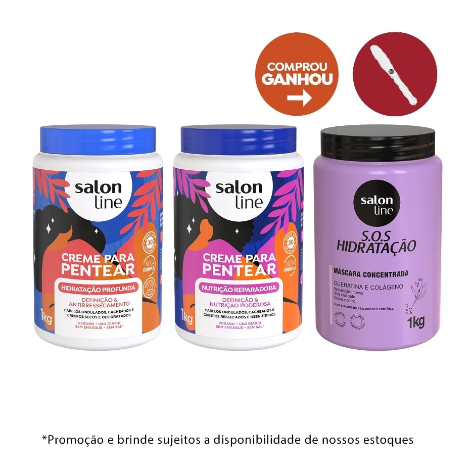 Kit com 2 Cremes Para Pentear Hidratação e Nutrição + Máscara Bio-Reconstrução Salon Line