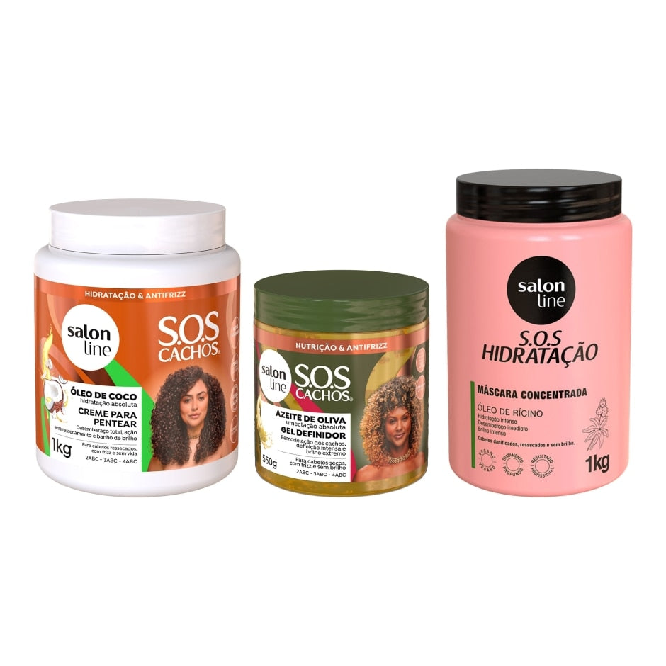 Kit com Gel Definidor + Creme Para Pentear SOS Cachos Coco + Máscara Hidratação Turbinada Salon Line