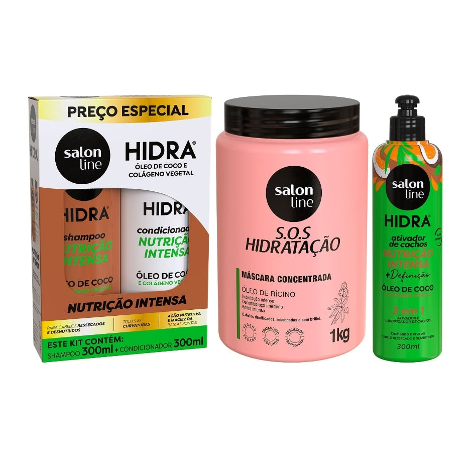 Kit com Shampoo, Condicionador, Ativador de Cachos Hidra Coco + Máscara SOS Hidratação Turbinada Salon Line