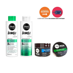 Kit Men Essence + SOS Bomba com Shampoo e Condicionador Antiqueda + Cera Modeladora e Gel Fixador + Nécessaire