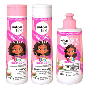 Kit Shampoo + Condicionador + Creme para Pentear 300ml SOS Cachos Kids Hidratação Salon Line