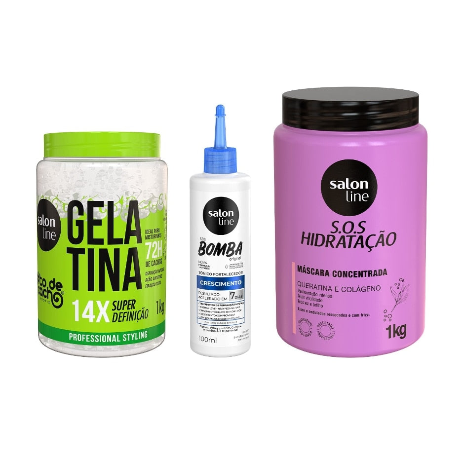 Kit com Gelatina Super Definição + Tônico Fortalecedor + Máscara Bio-Reconstrução Salon Line