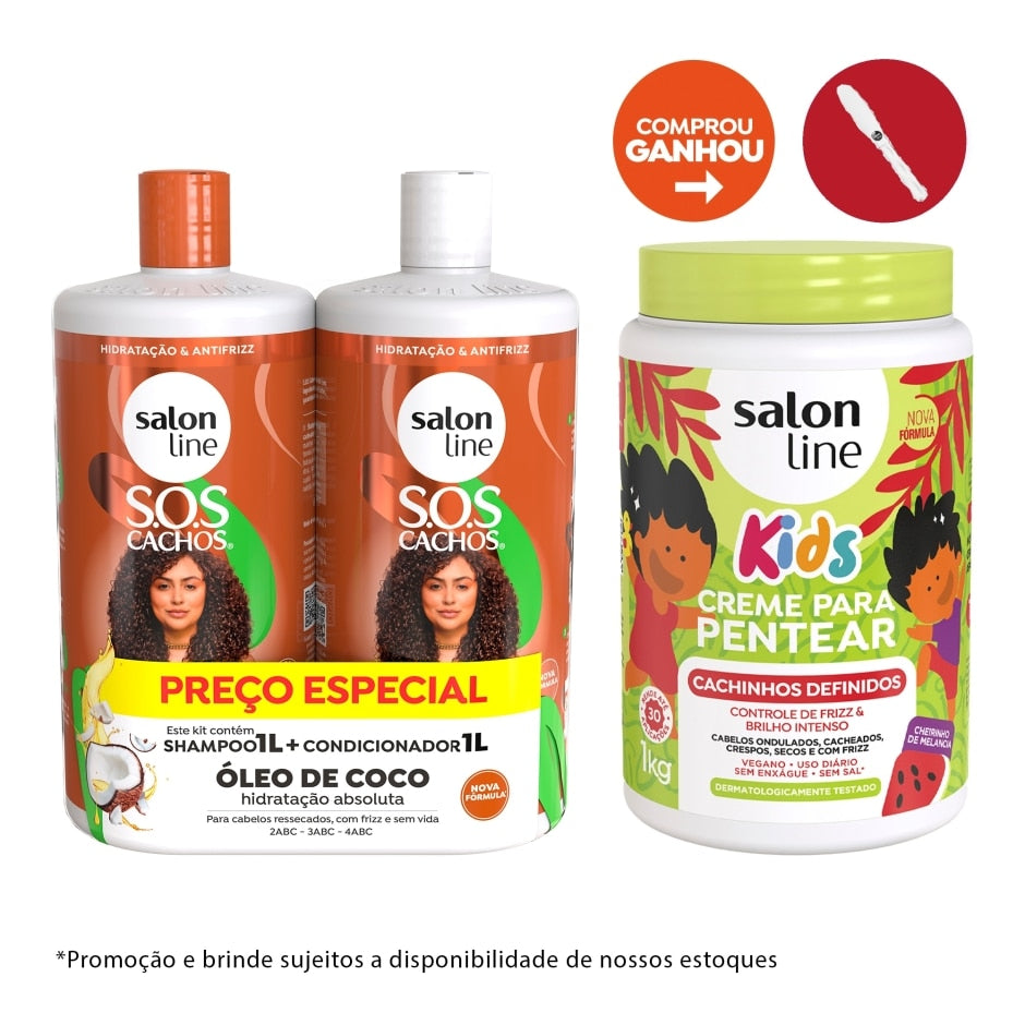 Kit Familia Creme de pentear 1 kg + Shampoo e Condicionador SOS Cachos Coco Salon line