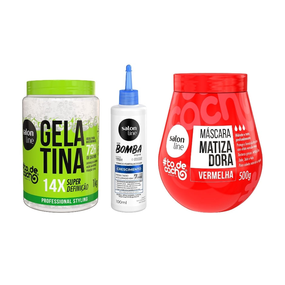 Kit com Máscara Matizadora Vermelha + Tônico Fortalecedor + Gelatina Super Definição Salon Line