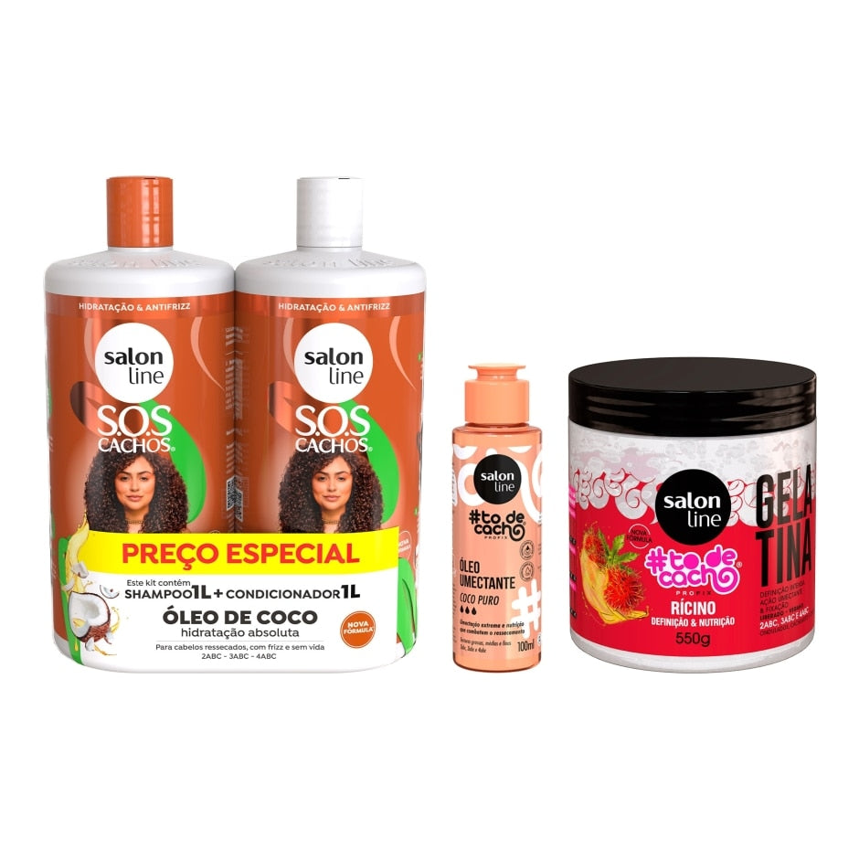 Kit com Shampoo e Condicionador SOS Cachos + Gelatina e Óleo de Umectação #todecacho Salon Line