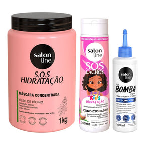 Kit com Condicionador SOS Cachos + Tônico Fortalecedor + Máscara Hidratação Turbinada Salon Line