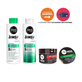 Kit Men Essence + SOS Bomba com Shampoo e Condicionador Antiqueda + Gel Fixador e Cera Modeladora + Nécessaire