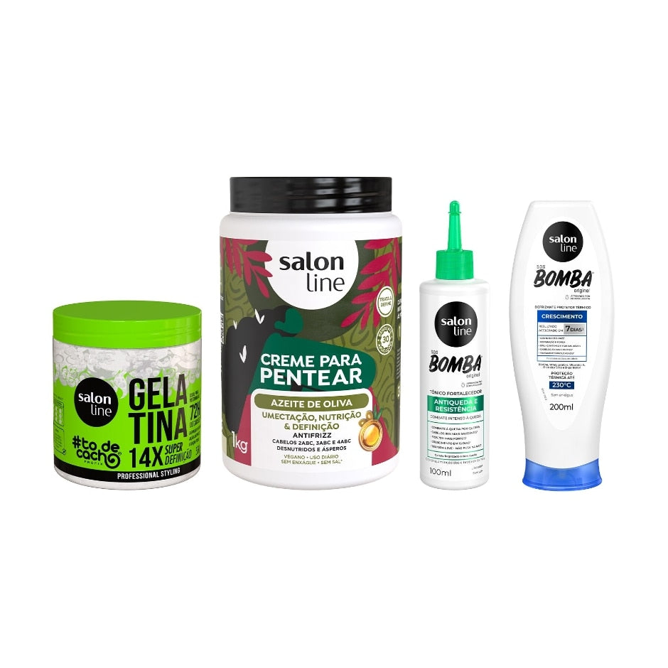 Kit com Gelatina Super Definição, Tônico Fortalecedor, Defrizante e Creme Para Pentear Salon Line