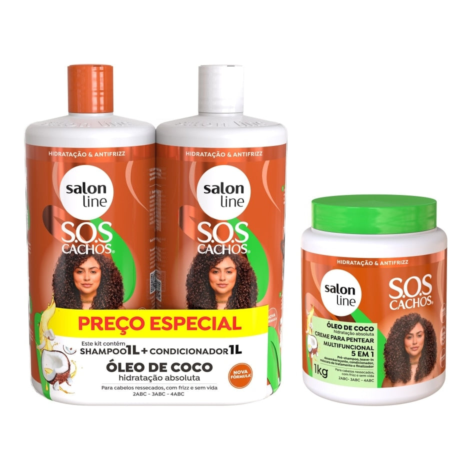 Kit Tratamento Profundo Litrão com Shampoo, Condicionador e Creme para Pentear SOS Cachos Coco