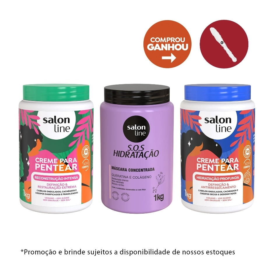 Kit com 2 Cremes Para Pentear Hidratação e Reconstrução + Máscara Bio-Reconstrução Salon Line