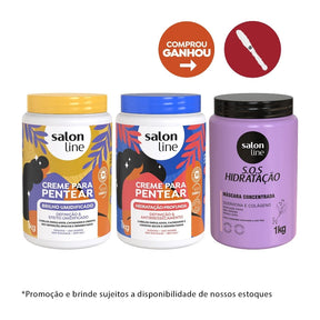 Kit com 2 Cremes Para Pentear Hidratação e Brilho Umidificado + Máscara Bio-Reconstrução Salon Line