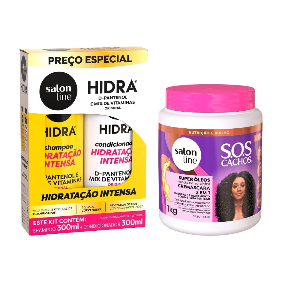 Hidratação para Cabelos Ressecados Shampoo + Condicionador + Cremáscara - Salon Line