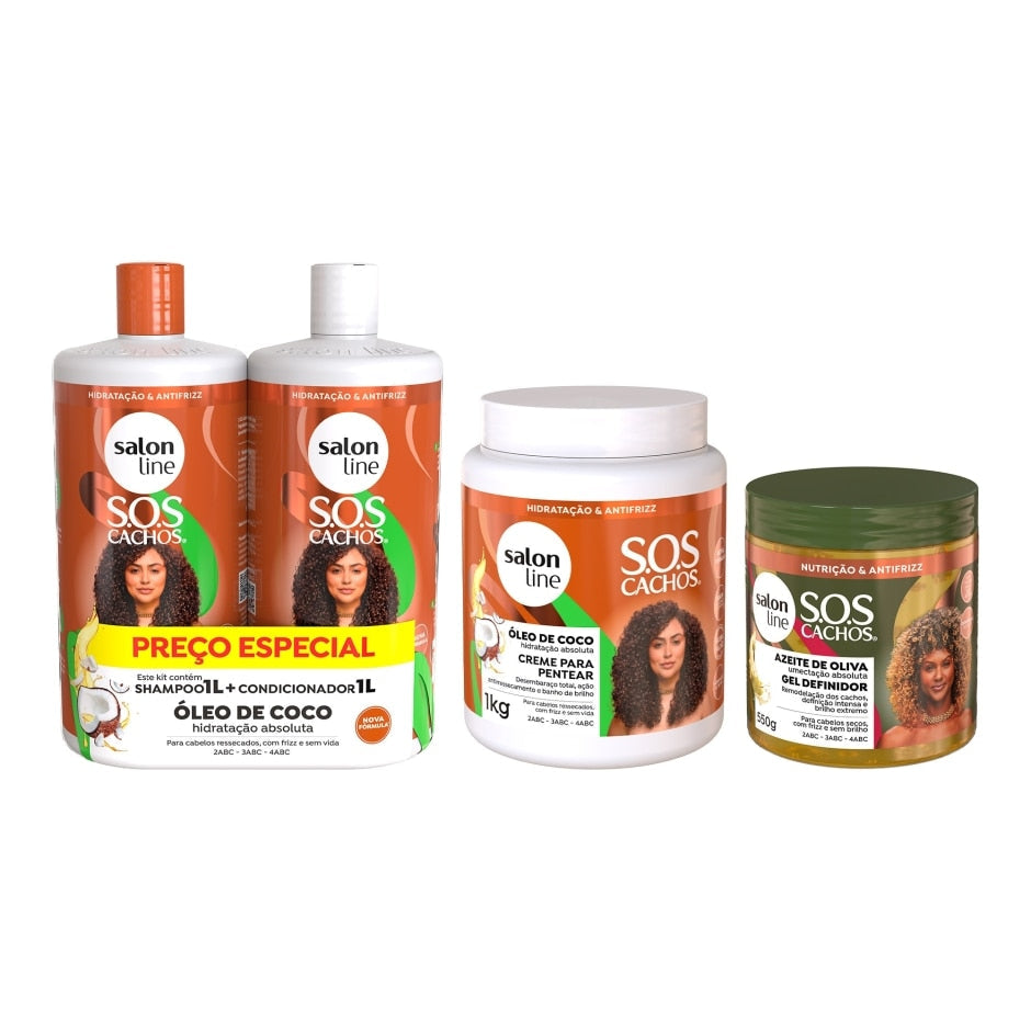 Kit com Creme Para Pentear + Shampoo e Condicionador 1L +  Gel Definidor Sos Cachos Salon Line