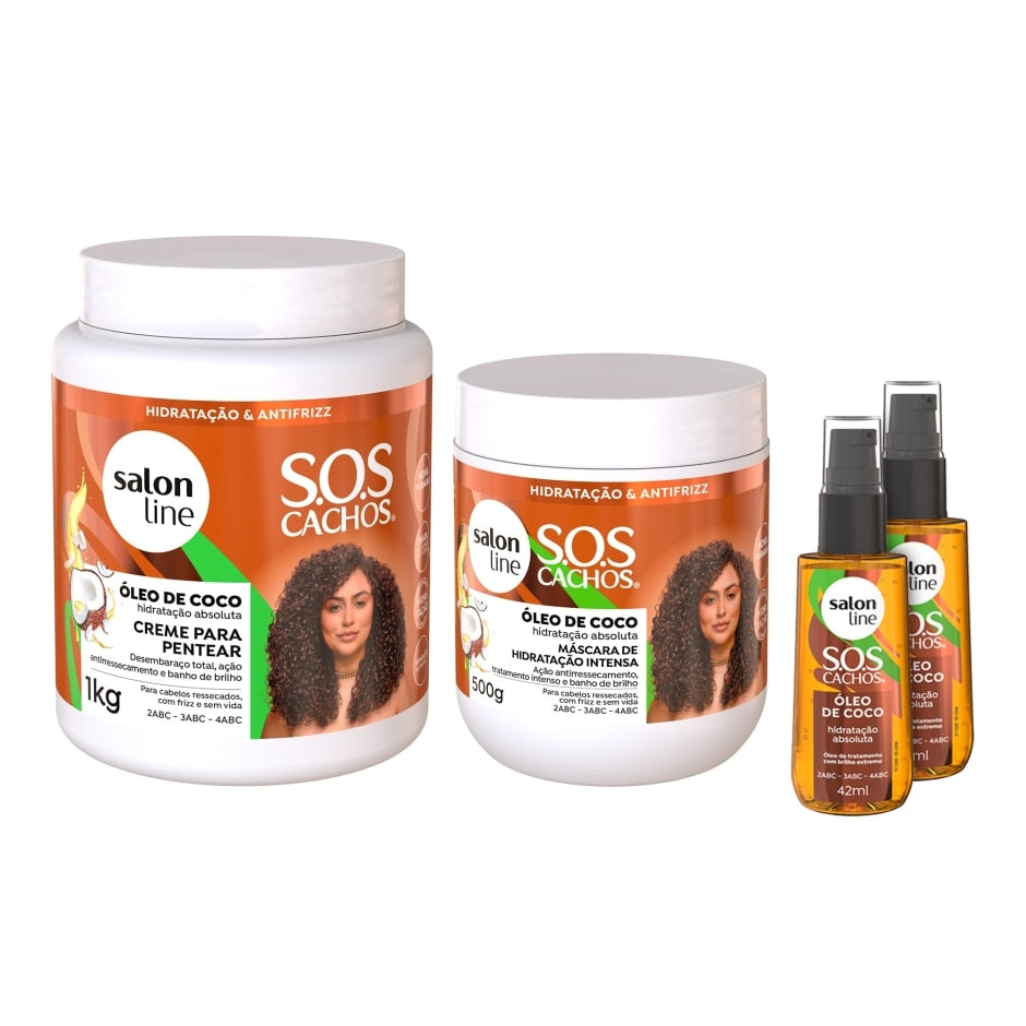 Kit SOS Cachos Coco com 2 Óleos, Creme para Pentear e Máscara de Hidratação