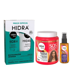 Kit reparação completa com Shampoo, Condicionador, Óleo e Creme para Pentear