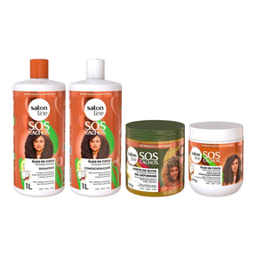 Kit com Shampoo, Condicionador, Máscara e Gel Definidor SOS Cachos Salon Line