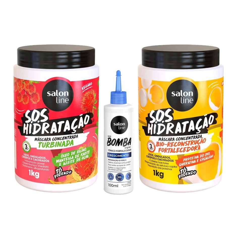 Kit com 2 Máscaras SOS Hidratação + Tônico Fortalecedor SOS Bomba Salon Line