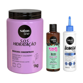 Kit com Óleo de Umectação Rícino Puro + Máscara Bio-Reconstrução + Tônico Fortalecedor Salon Line