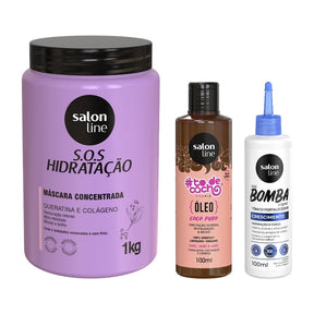 Kit com Óleo de Umectação Coco Puríssimo + Máscara Bio-Reconstrução + Tônico Fortalecedor Salon Line